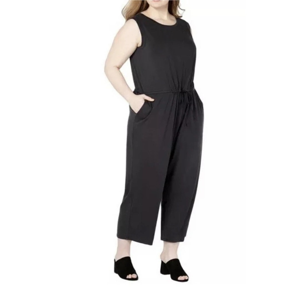 EUC Eileen Fisher Black Fine Tencel Stretch Jersey Drawstring Jumpsuit Size XS